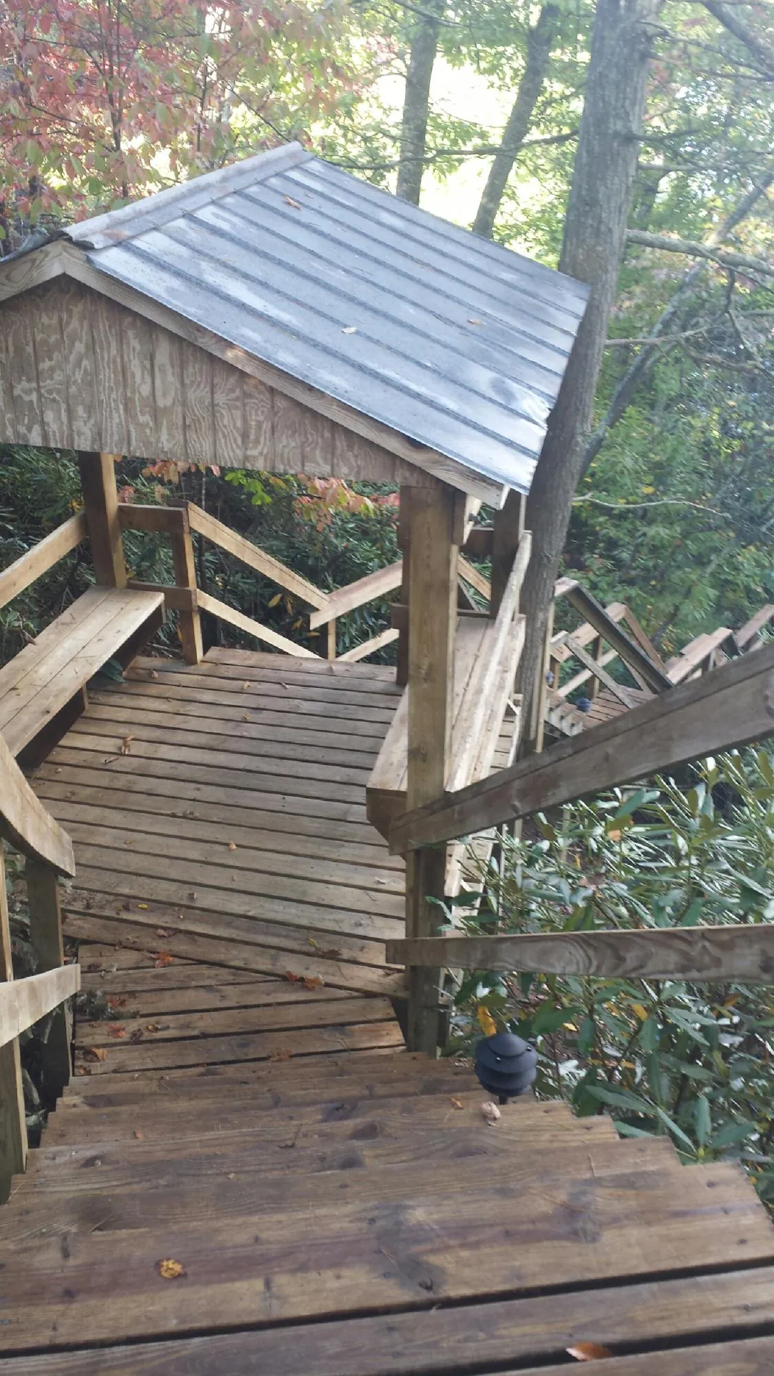 Metal roofed shelter over wooden steps on a wooded walkway — Skylight Repair & Installation work by our crew in Gordon